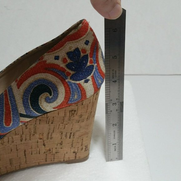 Nine West Women's Cheerful 70 Cork Wedge Peep Toe 7.5M Canvas Stripe Swirl - Picture 9 of 9